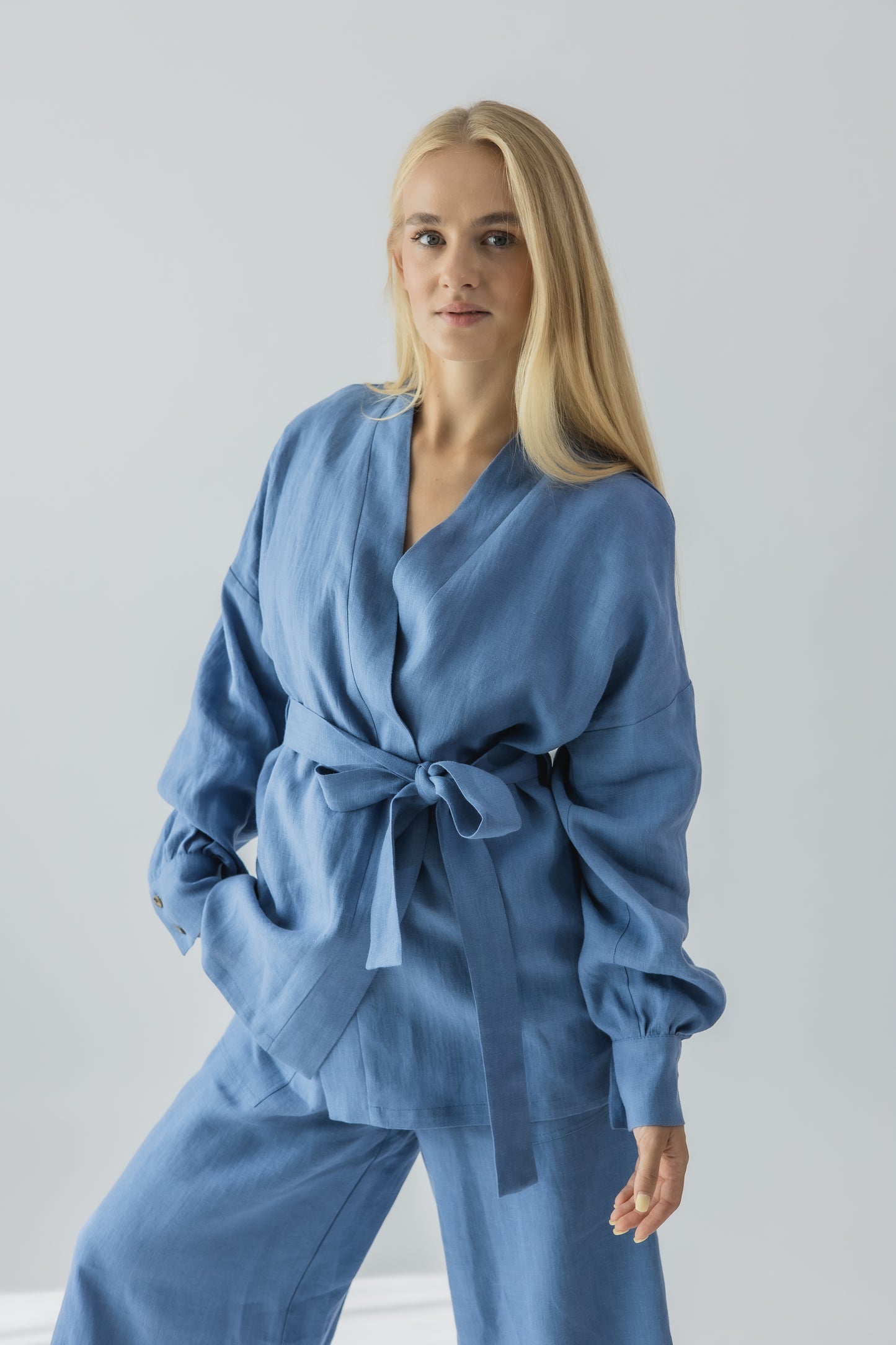 Tie-belt wrap blouse